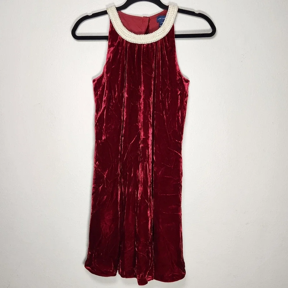Ralph Lauren Girls 14‎ Red Velvet Silk Blend Dress Holiday Coquette Luxe Pearls